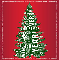 Merry Christmas and Happy New Year greeting card with a Christmas tree shape from letters on the red background. Vector illustration