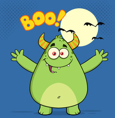 Happy Horned Green Monster With Welcoming Open Arms And Boo Text
