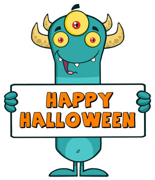 Horned Blue Monster Cartoon Character Holding Happy Halloween Sign
