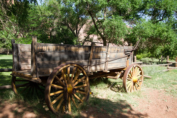 Fototapeta na wymiar Wooden wagon in Lonely Dell Ranch National Historic District at Lee's Ferry in Arizona