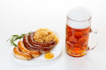 Oktoberfest menu, beer mug, a plate of sausages and sauerkraut