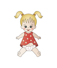 Girl doll sitting in colorful dress on white background