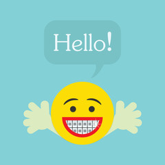 Hello cute character face icon with big laugh and orthodontics teeth