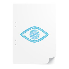 Blue handdrawn Eye illustration on white paper sheet with copy s