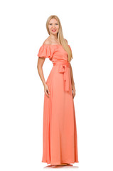 Young woman in pink romantic dress isolated on white