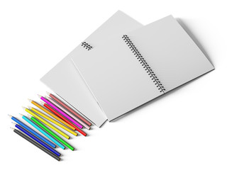 notebook with colored pencils on White background