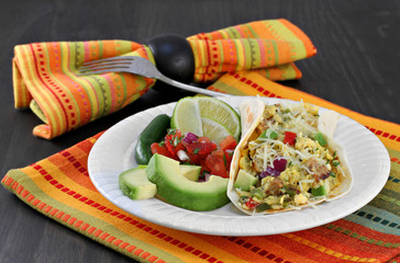Mexican breakfast egg and chorizo taco with pico de gallo, avoca