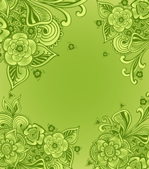 Frame or background  with doodle flowers  in green