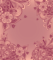 Frame or background  with doodle flowers  in pink