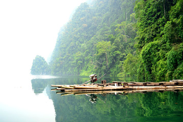 Bamboo raft on the lake