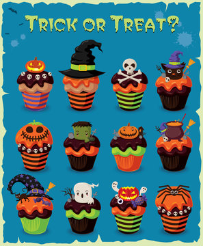 Vintage Halloween cupcake poster design set