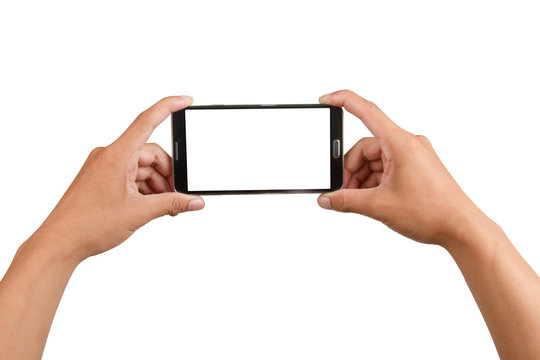 Blank screen on black mobile phone in male hand isolated.