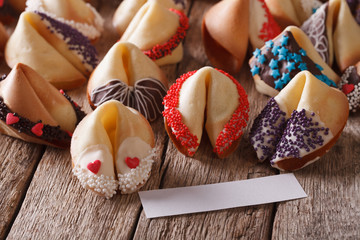 Festive Fortune Cookies decorated with candy sprinkles closeup. horizontal
