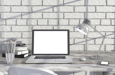 Fototapeta premium 3D illustration laptopand work stuff on table near brick wall