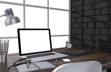 3D illustration laptopand work stuff on table near brick wall