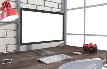 Fototapeta premium 3D illustration PC screen on table in office, Workspace