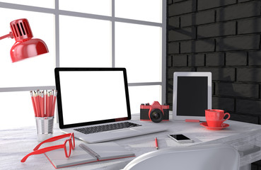 3D illustration laptopand work stuff on table near brick wall