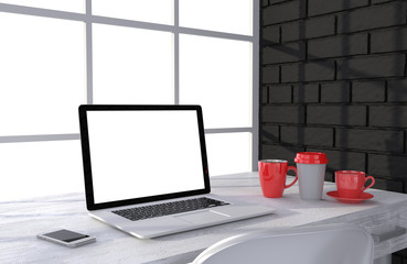 3D illustration laptopand work stuff on table near brick wall