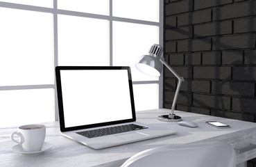 3D illustration laptopand work stuff on table near brick wall