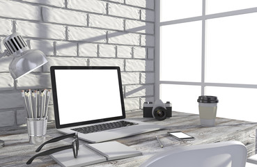 3D illustration laptopand work stuff on table near brick wall