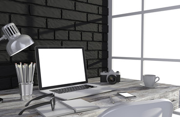 3D illustration PC screen on table in office, Workspace