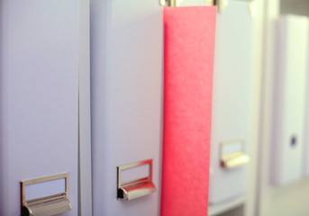 File folders, standing on  shelves in the background