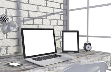 Fototapeta premium 3D illustration laptopand work stuff on table near brick wall