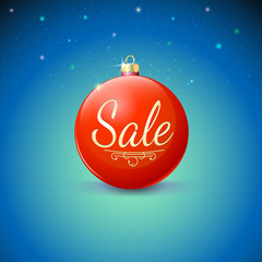 Sale, red Christmas ball over starry background.