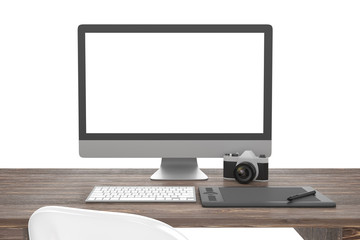 Fototapeta premium 3D illustration PC screen on table in office, Workspace