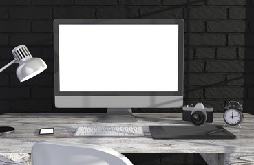 Fototapeta premium 3D illustration PC screen on table in office, Workspace