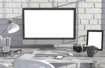 Fototapeta premium 3D illustration PC screen on table in office, Workspace