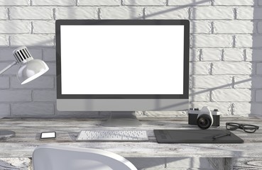 Fototapeta premium 3D illustration PC screen on table in office, Workspace
