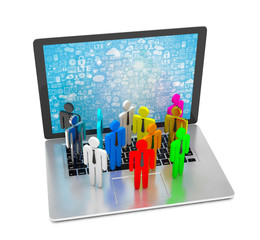 group of people figures on laptop, 3d render