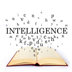 Intelligence, word on the book with letters flying