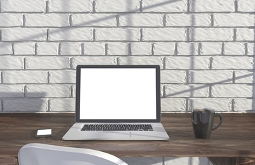 Fototapeta premium 3D illustration laptopand work stuff on table near brick wall