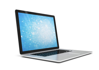 3d rendering of a laptop with blue wallpaper with app icon