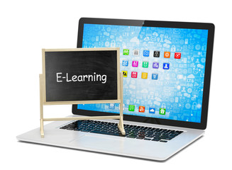  Laptop with chalkboard, e-learning, online education concept