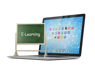  Laptop with chalkboard, e-learning, online education concept