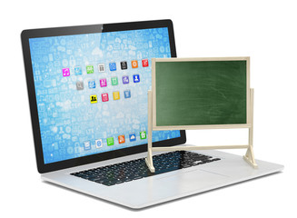  Laptop with chalkboard, online education concept