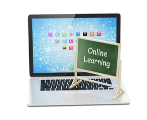  Laptop with chalkboard, online education concept
