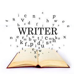Writer, word on the book with letters flying