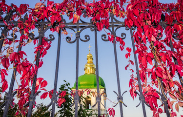 Bell tower through the bars of the fence with ivy