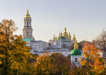 Fototapeta na wymiar Panorama of Kiev-Pechersk Lavra in autumn evening