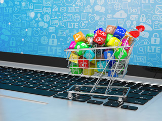 shopping cart with application software icons on laptop