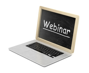  Laptop with chalkboard, webinar, online education concept