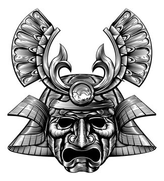 Samurai Mask Woodblock Style