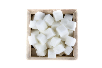 Aerial View of Sugar Cubes in Square Shaped Bowl on Isolated White Background