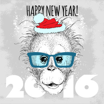 Young Orangutan monkey Hipster with blue glasses and Christmas hat. Merry Christmas and Happy New Year vector illustration for placard design, posters, fashion print and textile