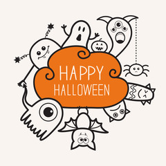 Happy Halloween contour outline doodle. Ghost, bat, pumpkin, spider, monster set. Orange cloud. White background Flat design