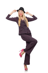 Pretty girl in purple retro suit isolated on white